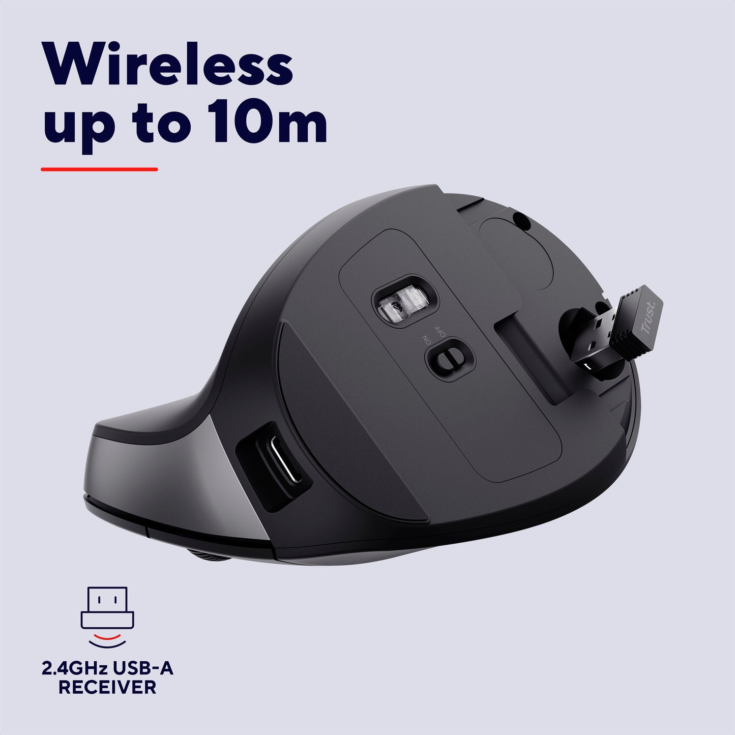Trust Bayo II ergonomisk trådløs mus sorteret med USB-A modtager, tekst: Trådløs op til 10m, ikon for 2,4GHz USB-A.