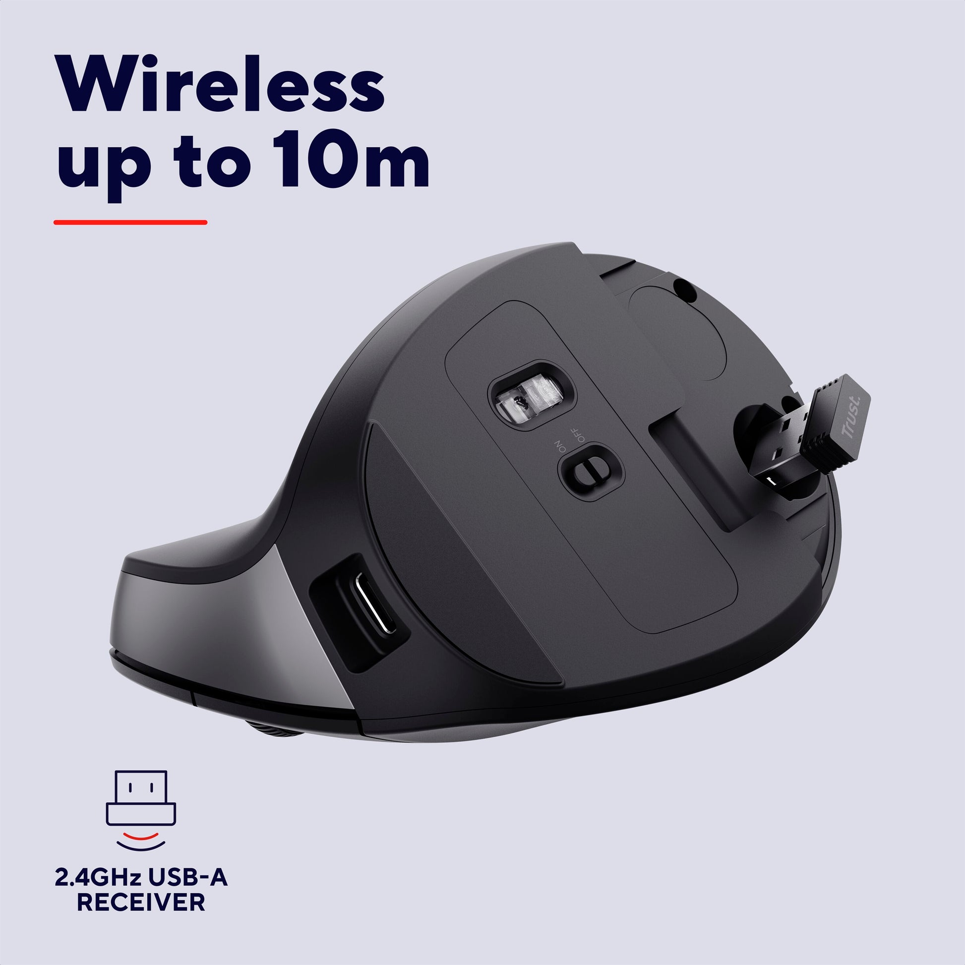 Trust Bayo II ergonomisk trådløs mus sorteret med USB-A modtager, tekst: Trådløs op til 10m, ikon for 2,4GHz USB-A.
