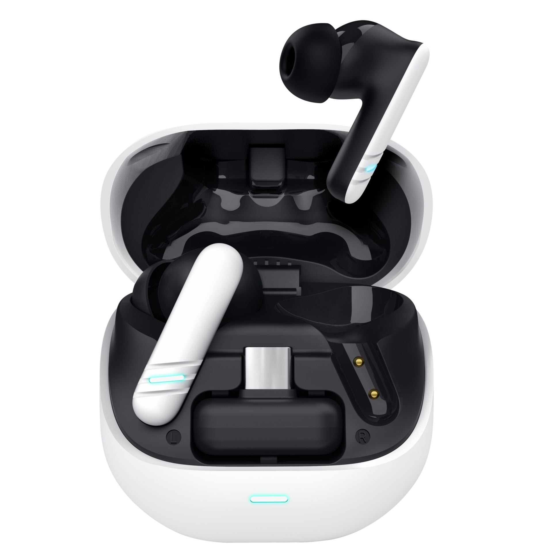 Trust GXT 409 Oxxie trådløse gamingheadset sort/hvid med ENC-mikrofon, ét øretelefon i åben opladeetui med LED, ét ovenpå.
