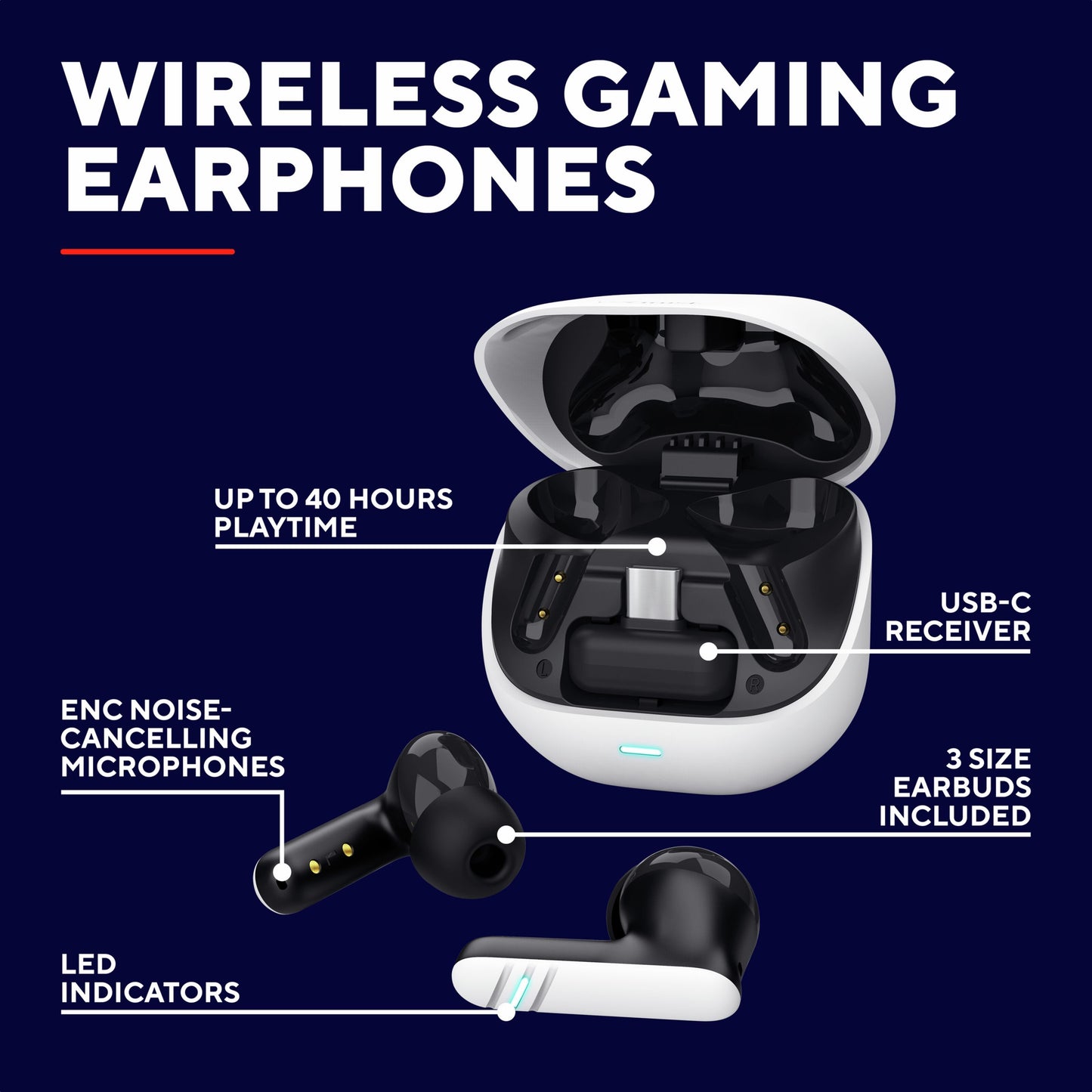 Trust GXT 409 Oxxie trådløst sort gamingheadset med hvidt etui, op til 40t spilletid, USB-C dongle, 3 ørepropstørrelser, ENC mic.