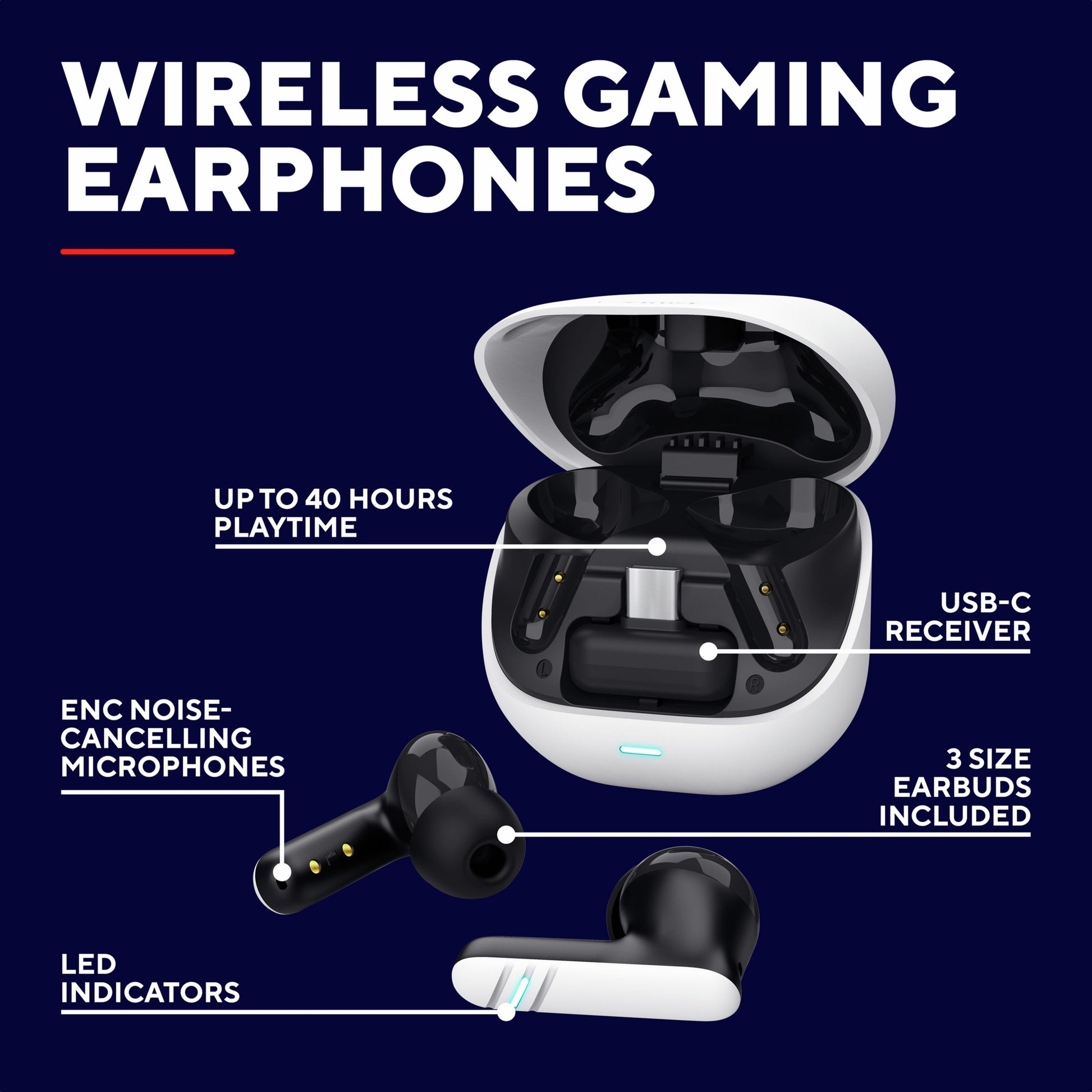 Trust GXT 409 Oxxie trådløst sort gamingheadset med hvidt etui, op til 40t spilletid, USB-C dongle, 3 ørepropstørrelser, ENC mic.