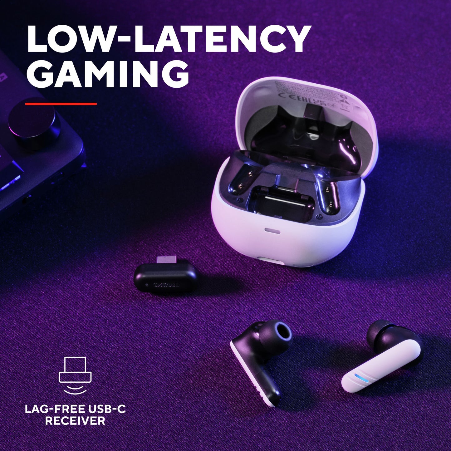 Trust GXT 409 Oxxie trådløst gamingheadset med ENC-støjreducerende mikrofon, USB-C-modtager, tekst LOW-LATENCY GAMING.