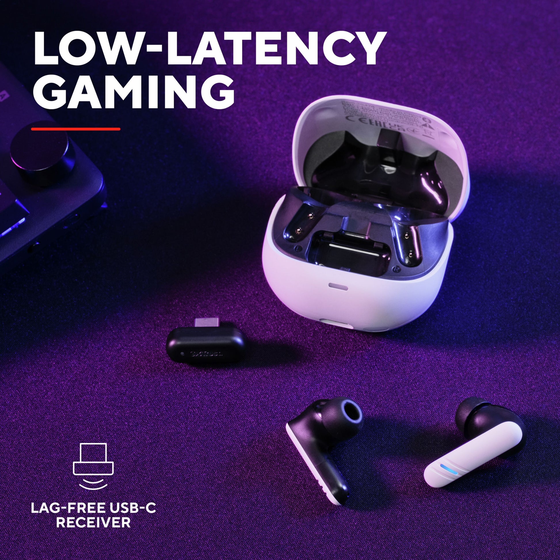 Trust GXT 409 Oxxie trådløst gamingheadset med ENC-støjreducerende mikrofon, USB-C-modtager, tekst LOW-LATENCY GAMING.
