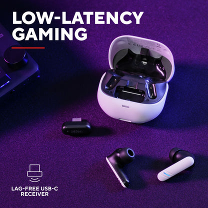 Trust GXT 409 Oxxie trådløst gamingheadset med ENC-støjreducerende mikrofon, USB-C-modtager, tekst LOW-LATENCY GAMING.