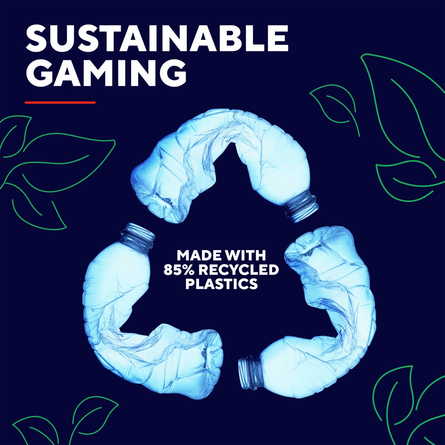Genbrugssymbol med tre knuste plastikflasker, teksten "Sustainable Gaming" og "Made with 85 Recycled Plastics" til GXT 409 Oxxie Trådløse gamingheadset.