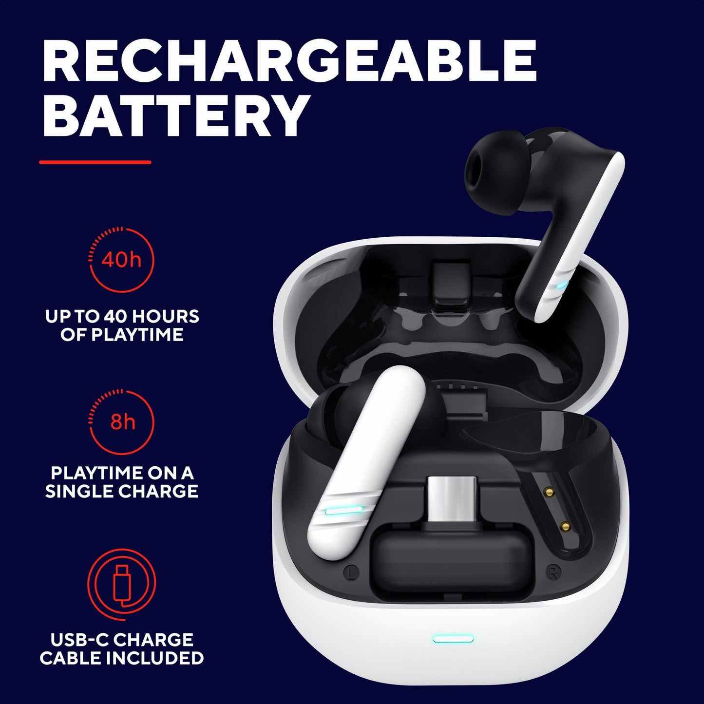 Trust GXT 409 Oxxie trådløst gamingheadset sort/hvid, Bluetooth, åben ladeetui, USB-C, op til 40t spilletid, ENC-mikrofon.