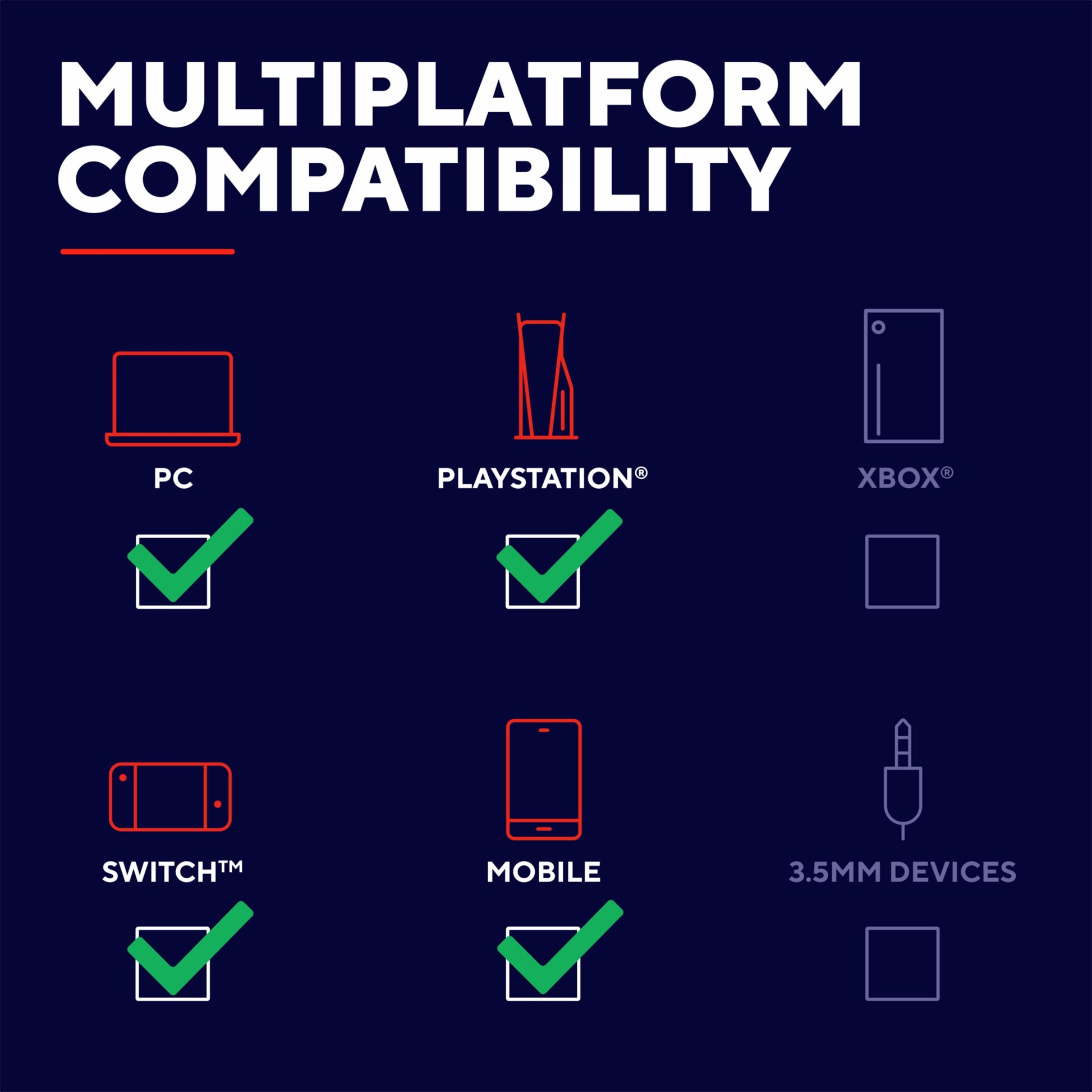 Trust GXT 409 Oxxie trådløst gamingheadset vist med multiplatformkompatibilitet til PC, PlayStation, Switch og Mobile.