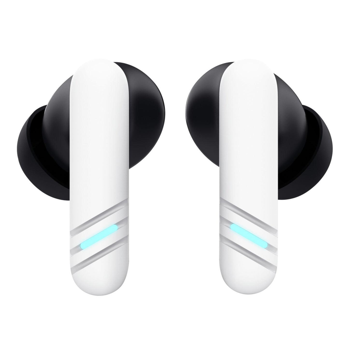 Trust GXT 409 Oxxie trådløse gamingheadset hvide Bluetooth-ørepropper, sorte silikonepropper, sølvstriber, cyan LED, ENC-mikrofon.
