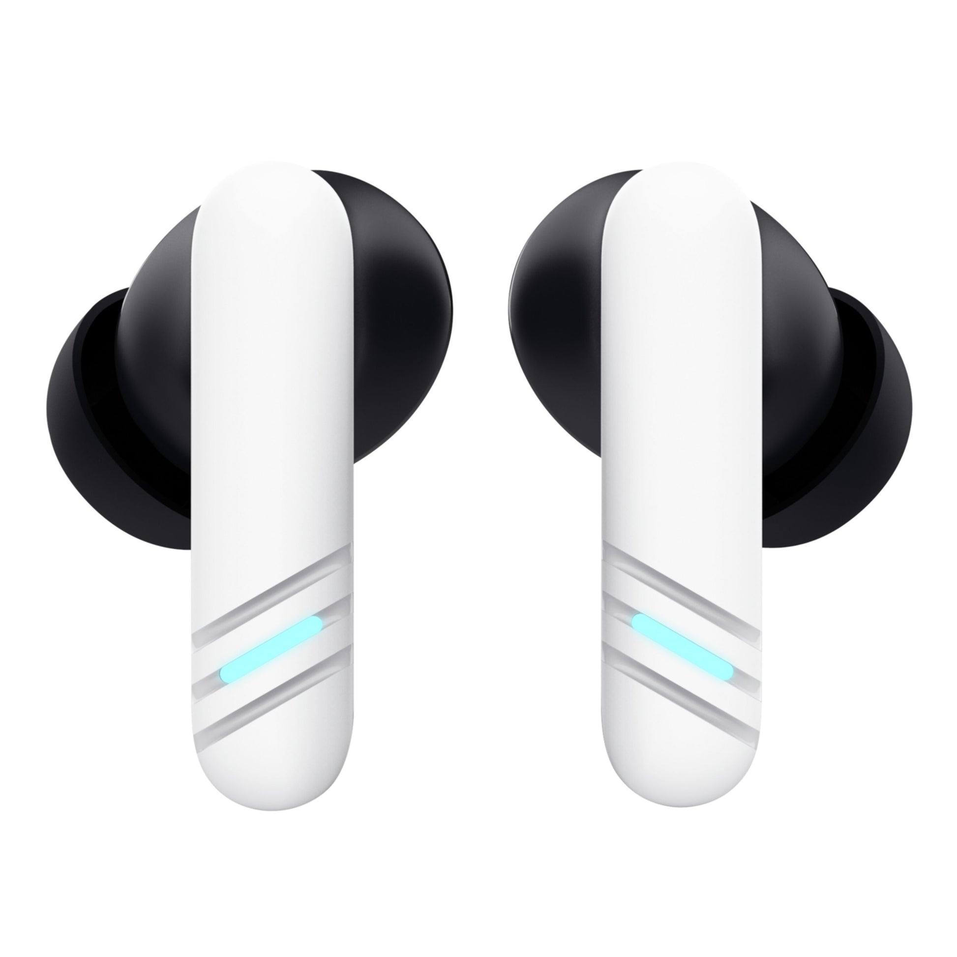 Trust GXT 409 Oxxie trådløse gamingheadset hvide Bluetooth-ørepropper, sorte silikonepropper, sølvstriber, cyan LED, ENC-mikrofon.