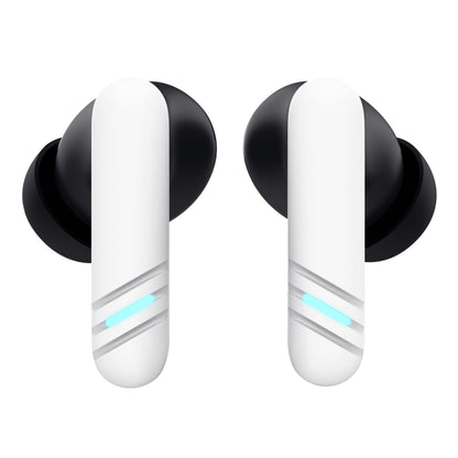 Trust GXT 409 Oxxie trådløse gamingheadset hvide Bluetooth-ørepropper, sorte silikonepropper, sølvstriber, cyan LED, ENC-mikrofon.