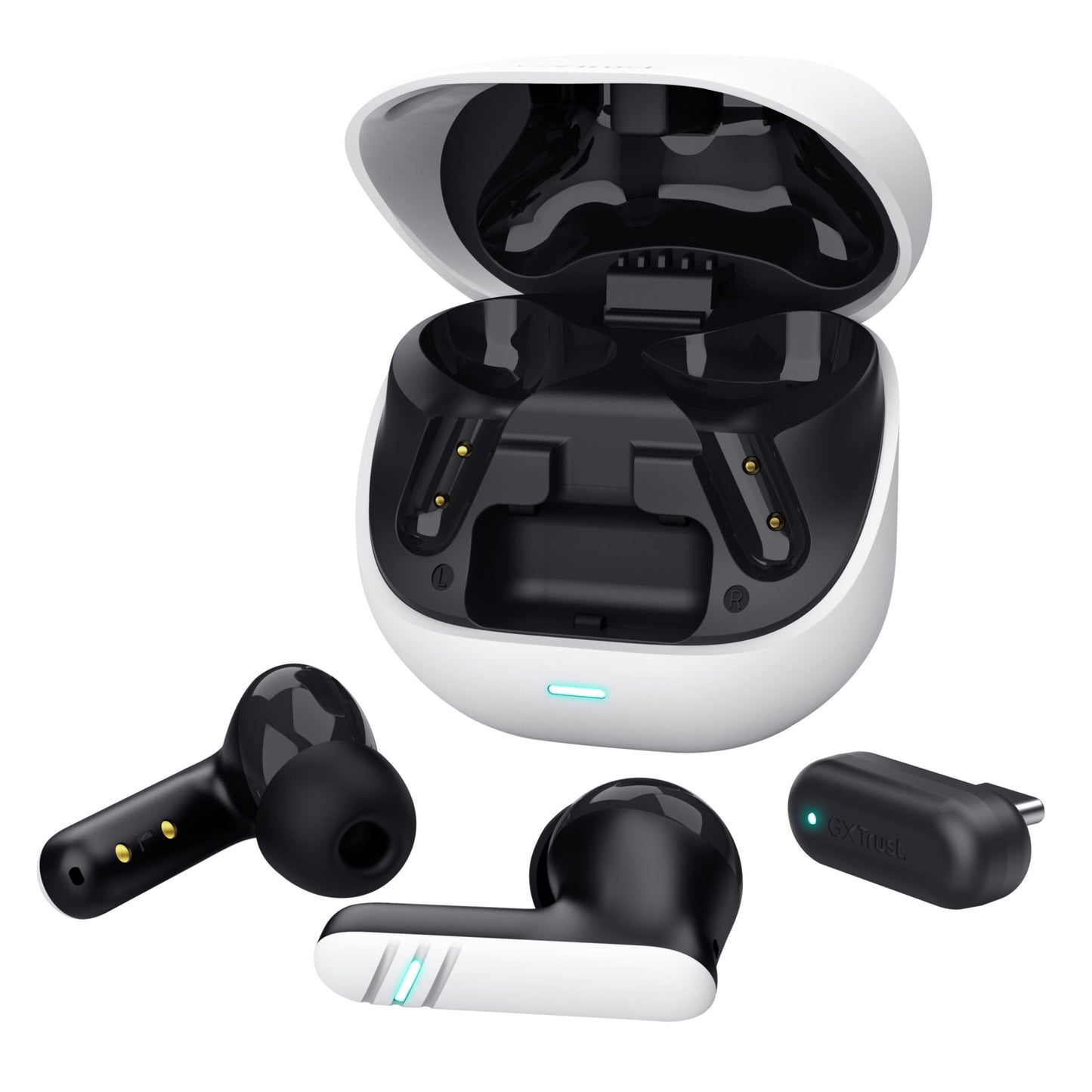 Trust GXT 409 Oxxie trådløse gaming-headset, sorte Bluetooth-ørepropper, hvid åben ladeetui, kompakt USB-adapter, ENC-mikrofon.
