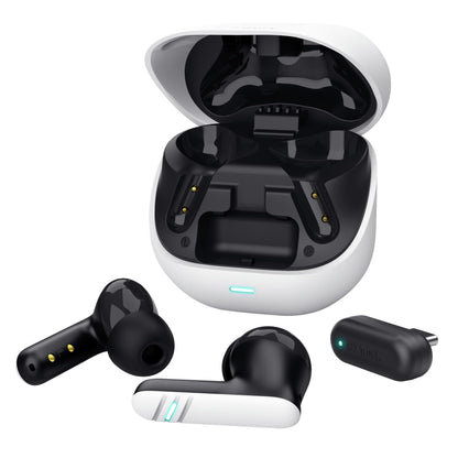Trust GXT 409 Oxxie trådløse gaming-headset, sorte Bluetooth-ørepropper, hvid åben ladeetui, kompakt USB-adapter, ENC-mikrofon.