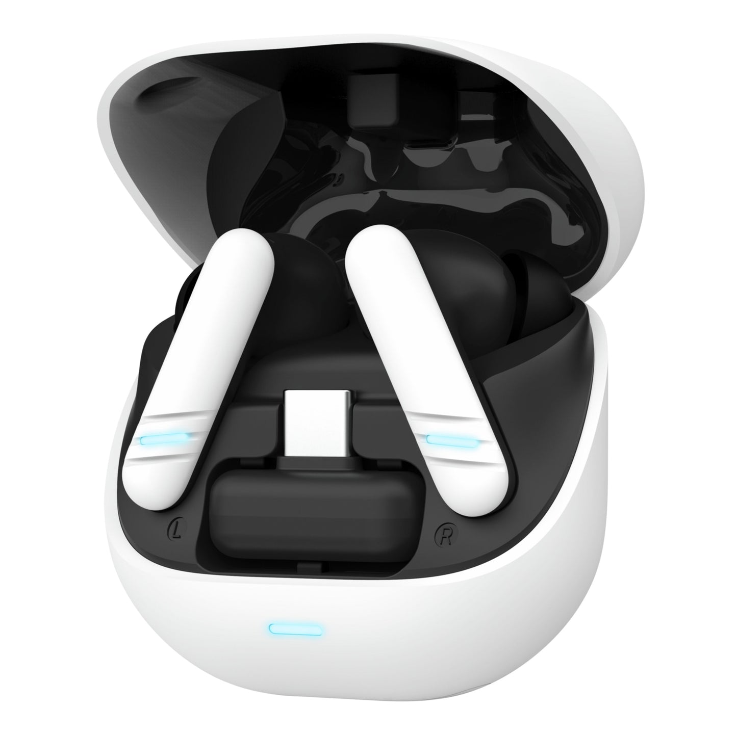Trust GXT 409 Oxxie trådløse gamingheadset, hvide Bluetooth-ørepropper med sorte detaljer, ENC-mikrofon, hvid opladeetui m. blå LED.