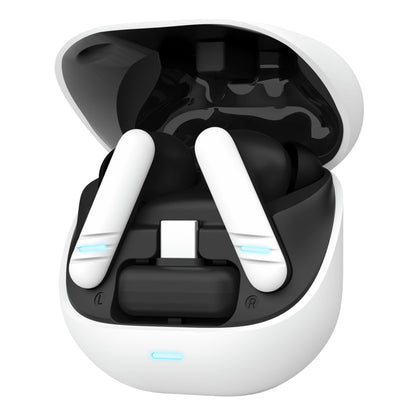 Trust GXT 409 Oxxie trådløse gamingheadset, hvide Bluetooth-ørepropper med sorte detaljer, ENC-mikrofon, hvid opladeetui m. blå LED.
