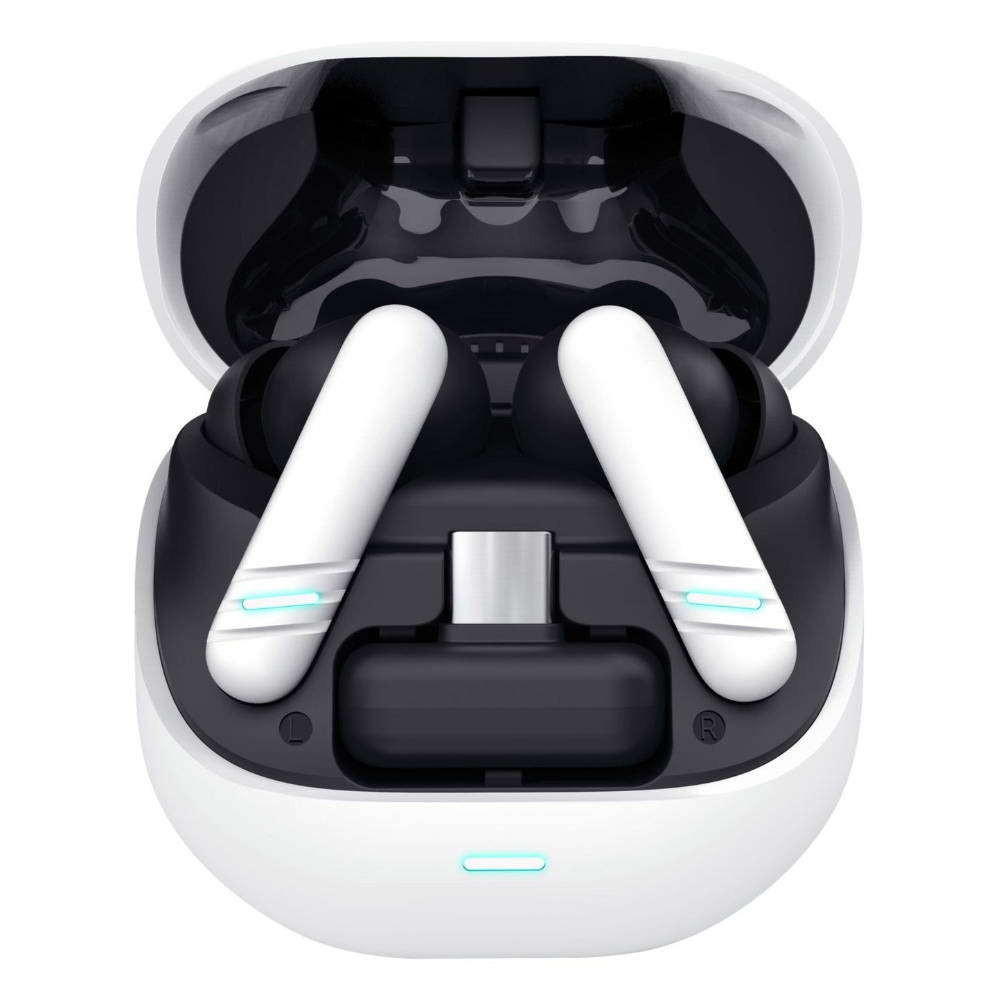Trust GXT 409 Oxxie trådløst gamingheadset, hvide og sorte Bluetooth-ørepropper med blå LED og ENC-mikrofon i åbent etui.