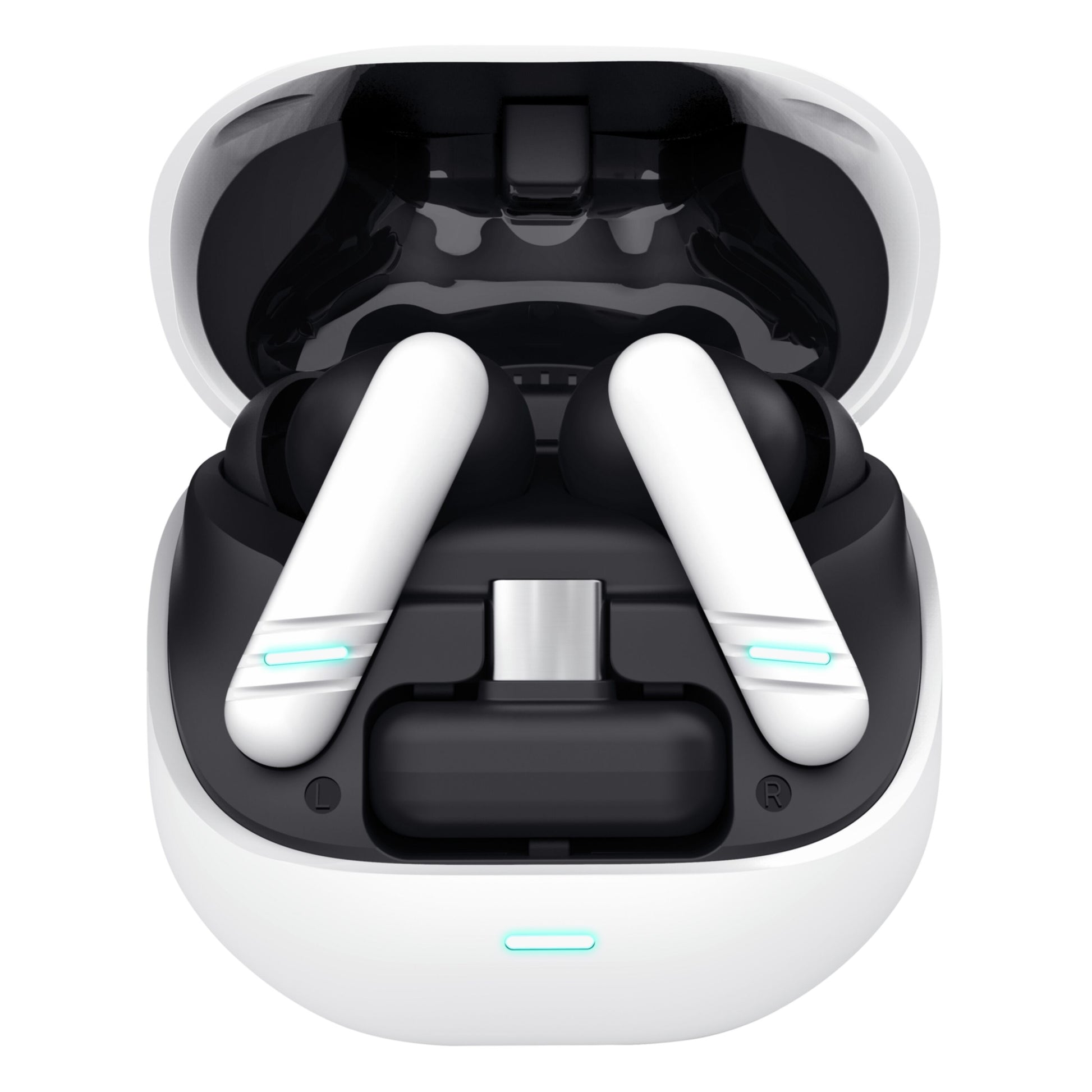 Trust GXT 409 Oxxie trådløst gamingheadset, hvide og sorte Bluetooth-ørepropper med blå LED og ENC-mikrofon i åbent etui.