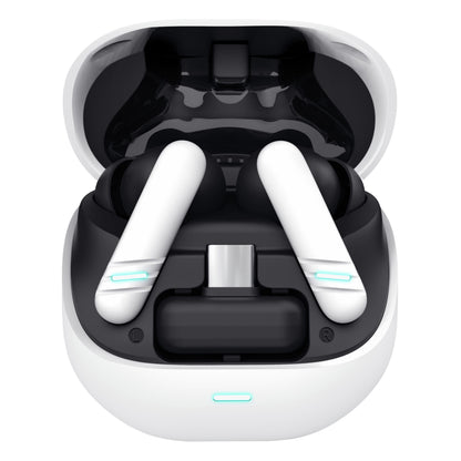 Trust GXT 409 Oxxie trådløst gamingheadset, hvide og sorte Bluetooth-ørepropper med blå LED og ENC-mikrofon i åbent etui.