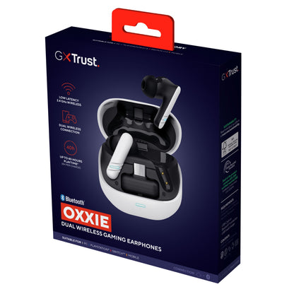 Trust GXT 409 Oxxie trådløse gamingheadset æske, headset og etui vist, Bluetooth logo, ENC-mikrofon, lav latenstid, 40t batteri.