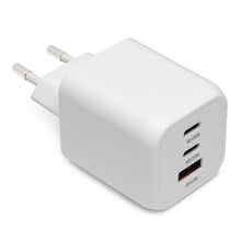 Linocell Premium GaN multilader 65 W PD hvid med europæisk stik, tre USB-porte inkl. USB-C-port med forskellig effekt.