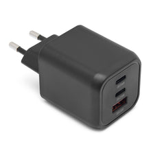 Linocell Premium GaN multilader 65 W PD sort væglader med to runde ben, USB-C og USB-A porte.