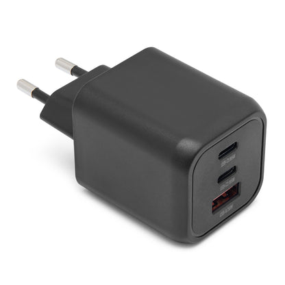 Linocell Premium GaN multilader 65 W PD sort væglader med to runde ben, USB-C og USB-A porte.