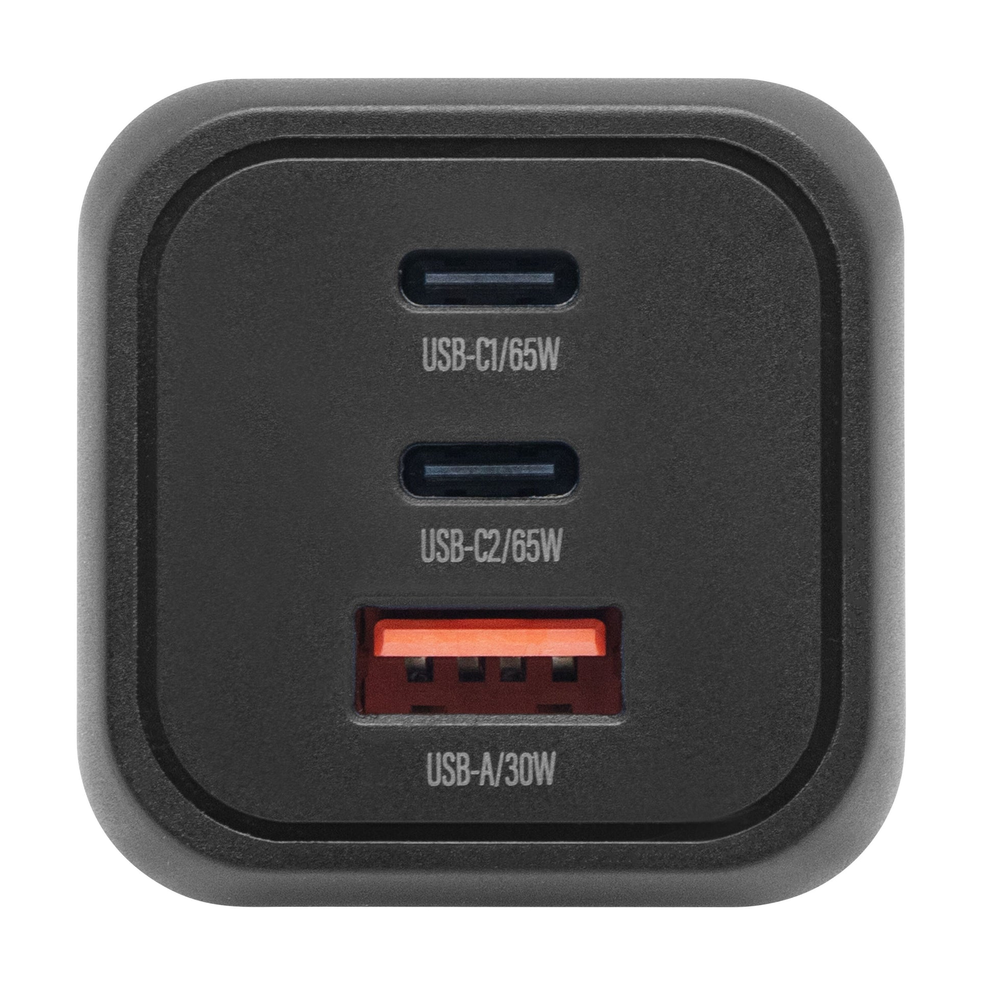 Linocell Premium GaN multilader 65W PD med to USB-C porte (65W) og én USB-A port (30W), kompakt design.
