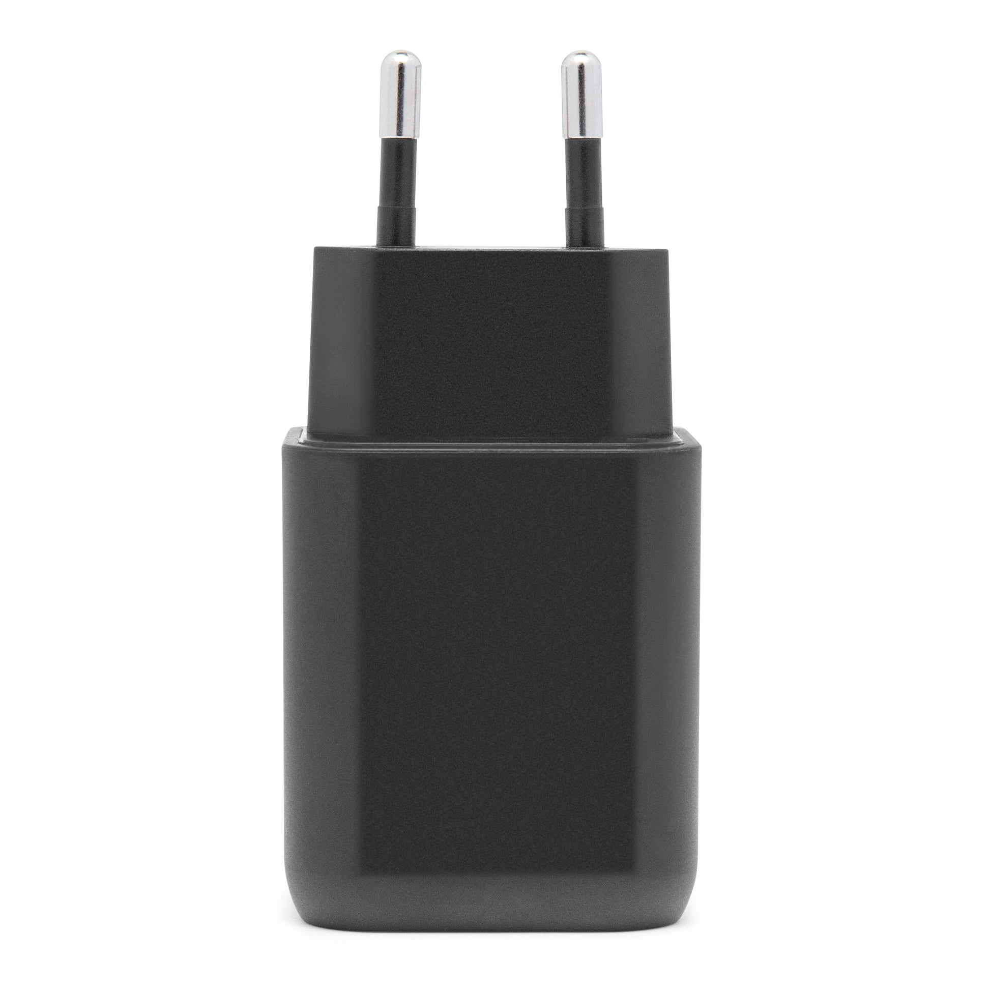 Linocell Premium GaN multilader 65W PD sort med to runde stikben til EU-stik og USB-C port, kompakt rejseoplader.