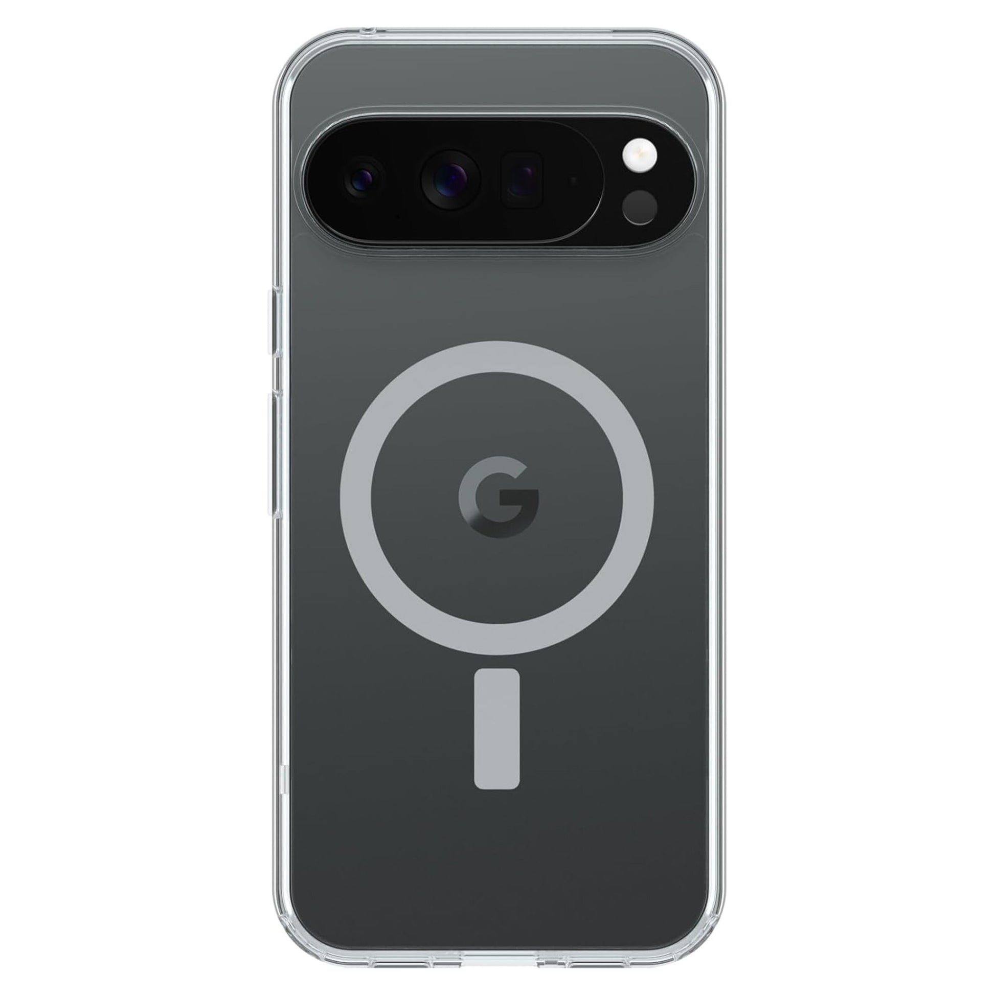 Otterbox Symmetry Clear cover til Pixel 10 Pro XL, gennemsigtig med synlig kamera-bar og MagSafe-lignende G-logo symbol.