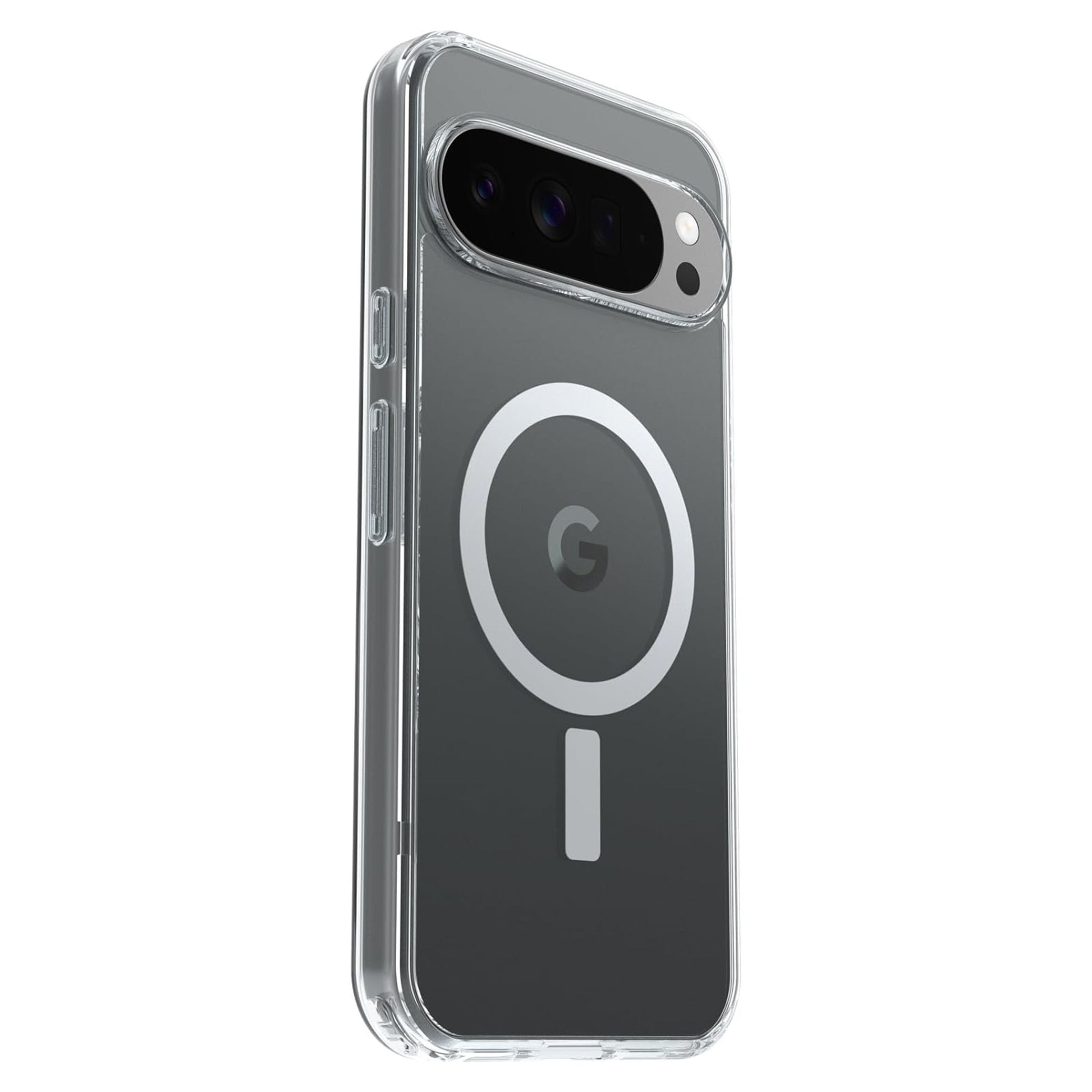 Symmetry Clear cover til Pixel 10 Pro XL, gennemsigtig med MagSafe-ring, Google G-logo og sort multi-linse kameramodul.