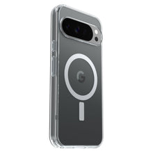 Symmetry Clear cover til Pixel 10 Pro XL, gennemsigtig med MagSafe-ring, Google G-logo og sort multi-linse kameramodul.