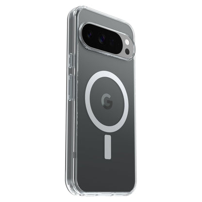 Symmetry Clear cover til Pixel 10 Pro XL, gennemsigtig med MagSafe-ring, Google G-logo og sort multi-linse kameramodul.