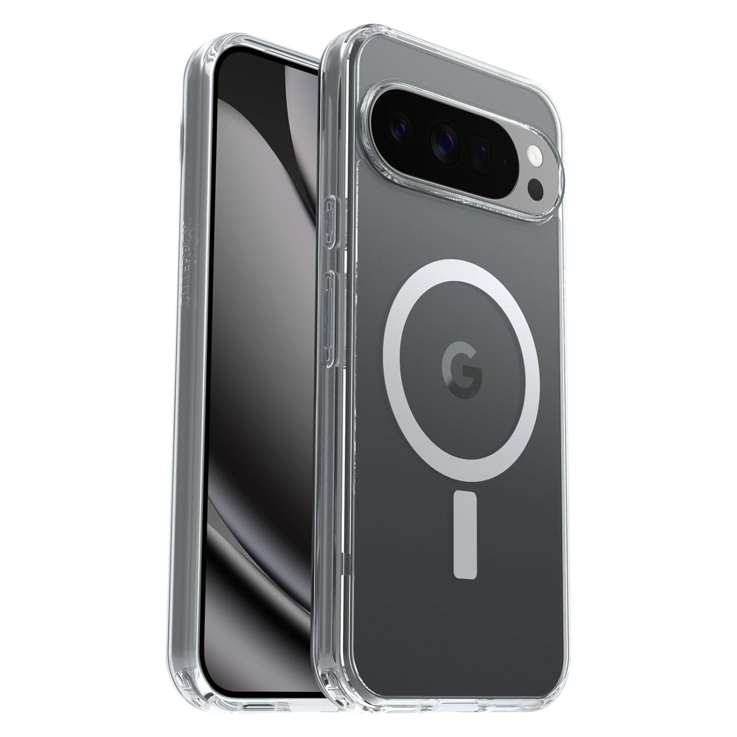 Symmetry Clear cover til Pixel 10 Pro XL, gennemsigtig med MagSafe-cirkel og Google G-logo, passer til tredobbelt bagkamera.