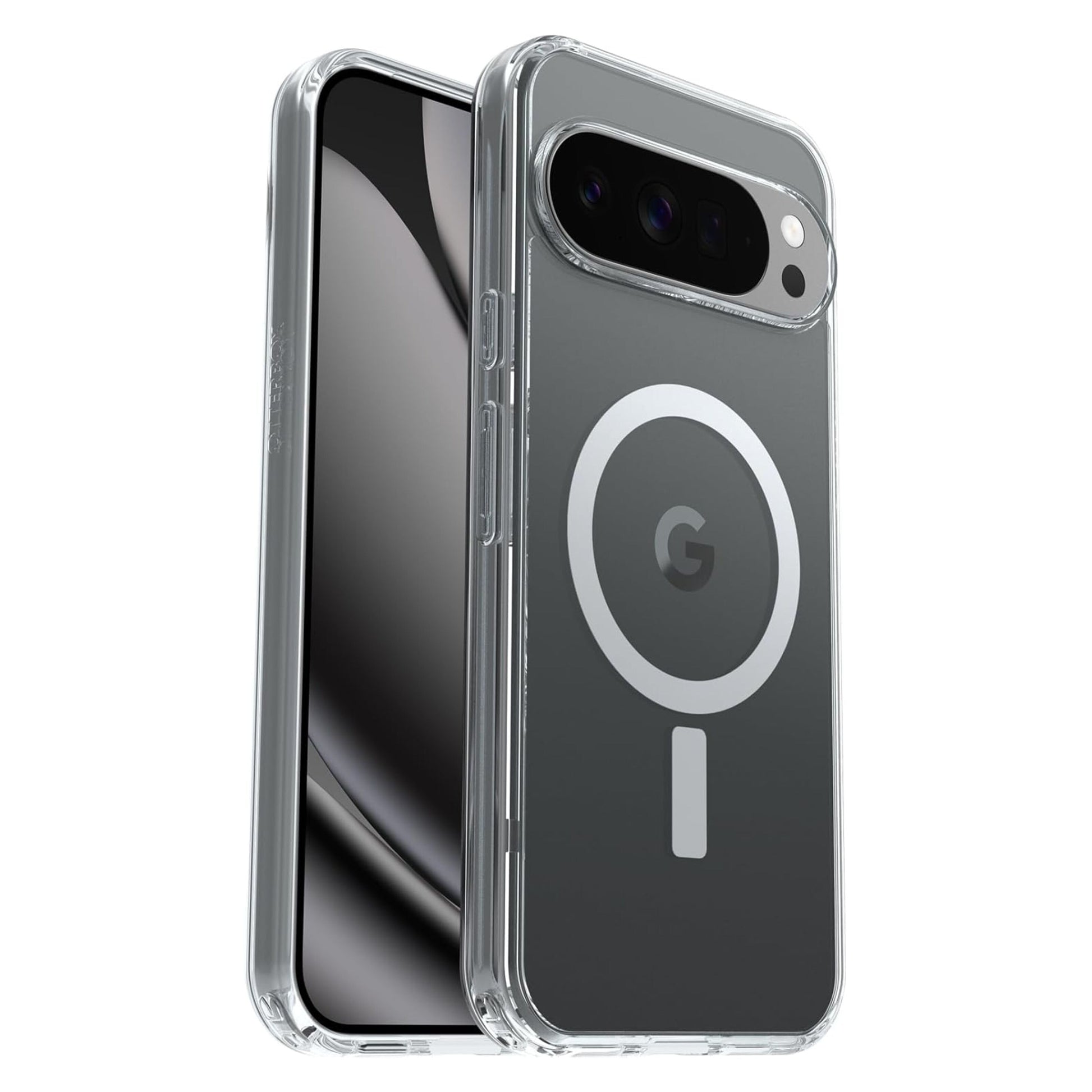 Symmetry Clear cover til Pixel 10 Pro XL, gennemsigtig med MagSafe-cirkel og Google G-logo, passer til tredobbelt bagkamera.