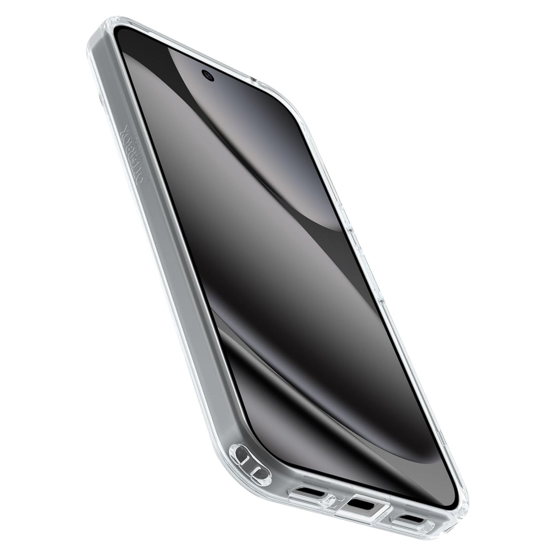 Pixel 10 Pro XL i gennemsigtigt Otterbox Symmetry Clear cover, sort skærm og klare kanter synlige i vinkel.