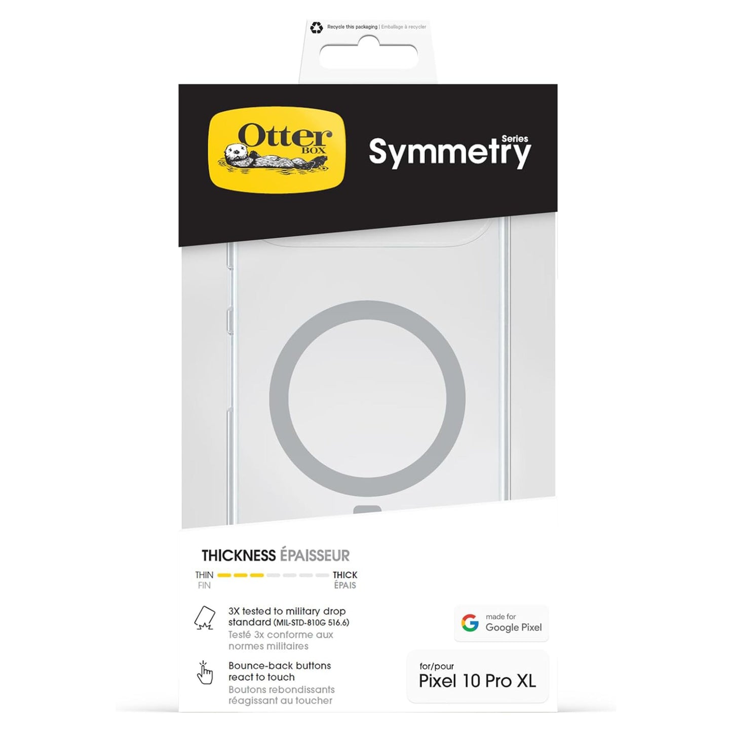 Otterbox Symmetry Clear til Pixel 10 Pro XL emballage med sorte/gule detaljer, ikoner og tekst om beskyttelsesfunktioner.