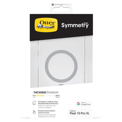 Otterbox Symmetry Clear til Pixel 10 Pro XL emballage med sorte/gule detaljer, ikoner og tekst om beskyttelsesfunktioner.