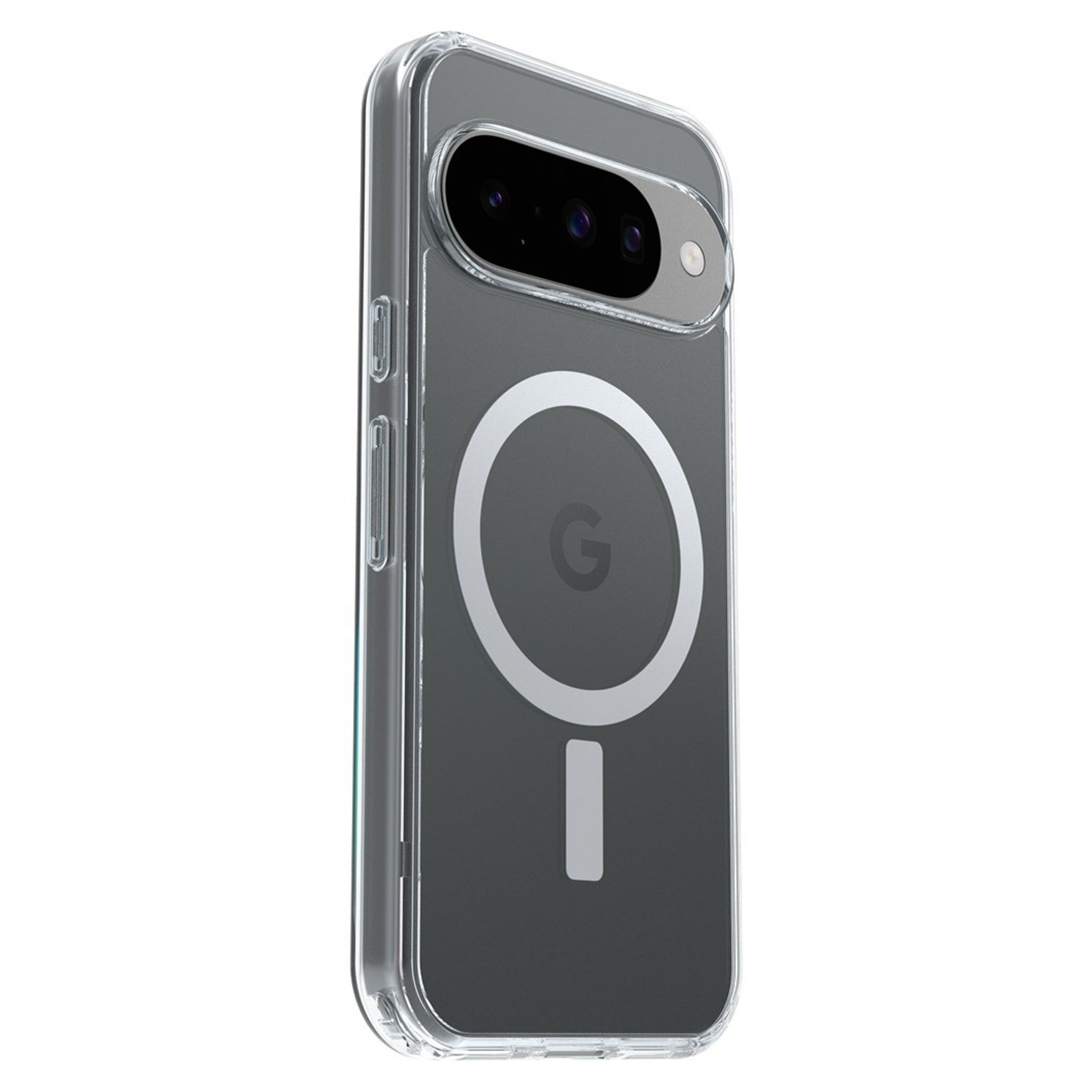 Otterbox Symmetry Clear cover til Pixel 10/10 Pro transparent med MagSafe-ring og Google-logo på mørkegrå baggrund.