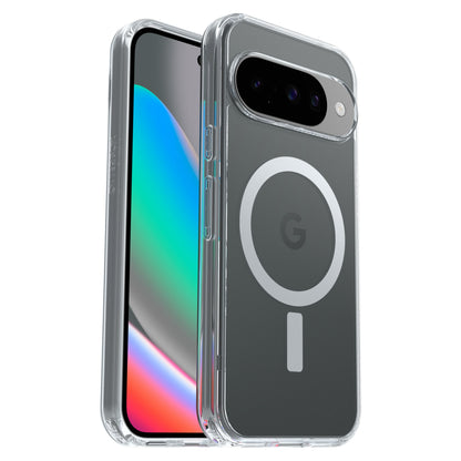 Google Pixel 10 for- og bagside med gennemsigtigt cover med cirkulært G-logo til Pixel 10 og Pixel 10 Pro.