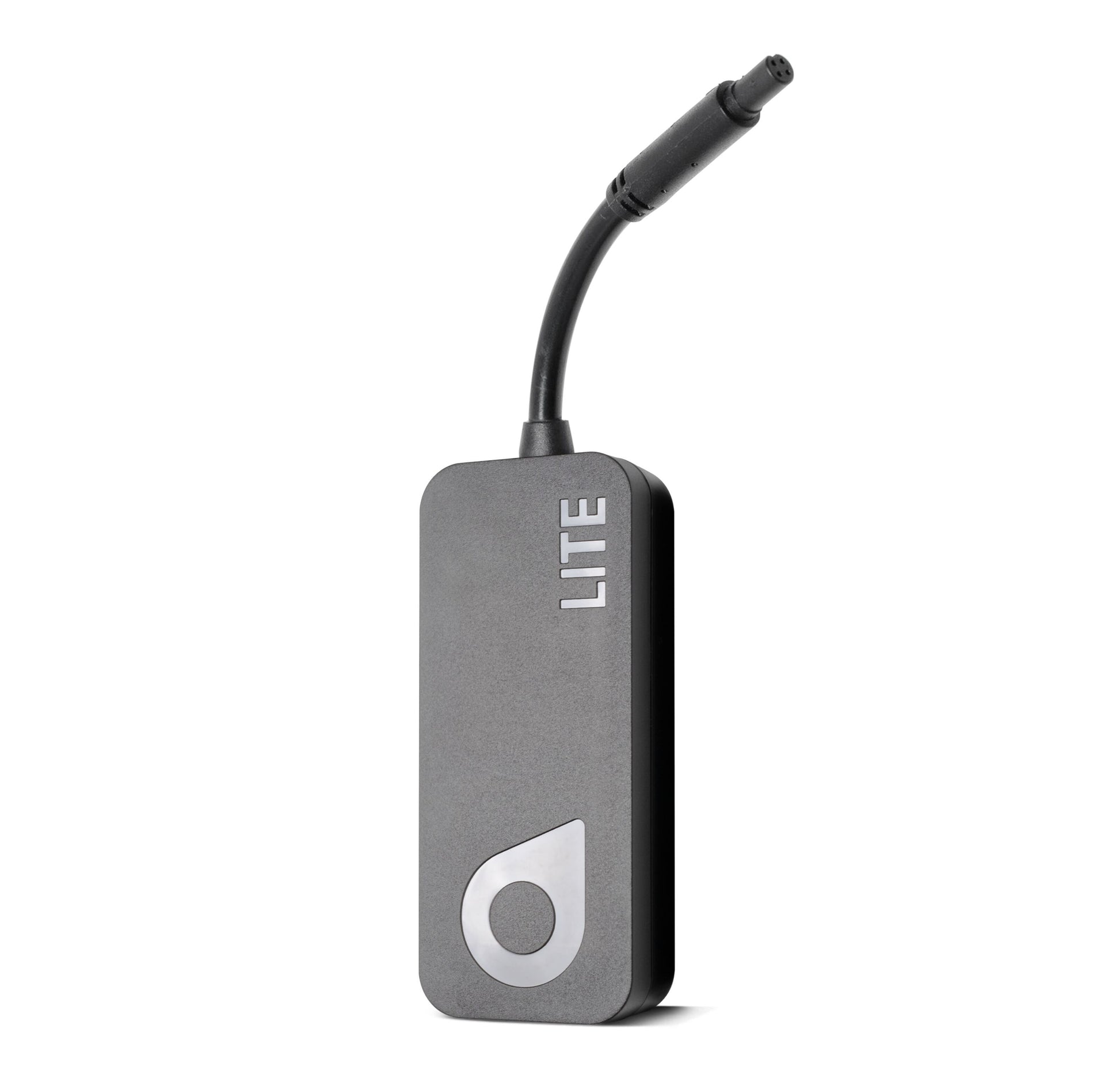 Swetrack Lite Gen2 GPS-tracker, grå rektangulær, kort sort kabel, cirkulært logo med "LITE", til mindre batterikøretøjer.