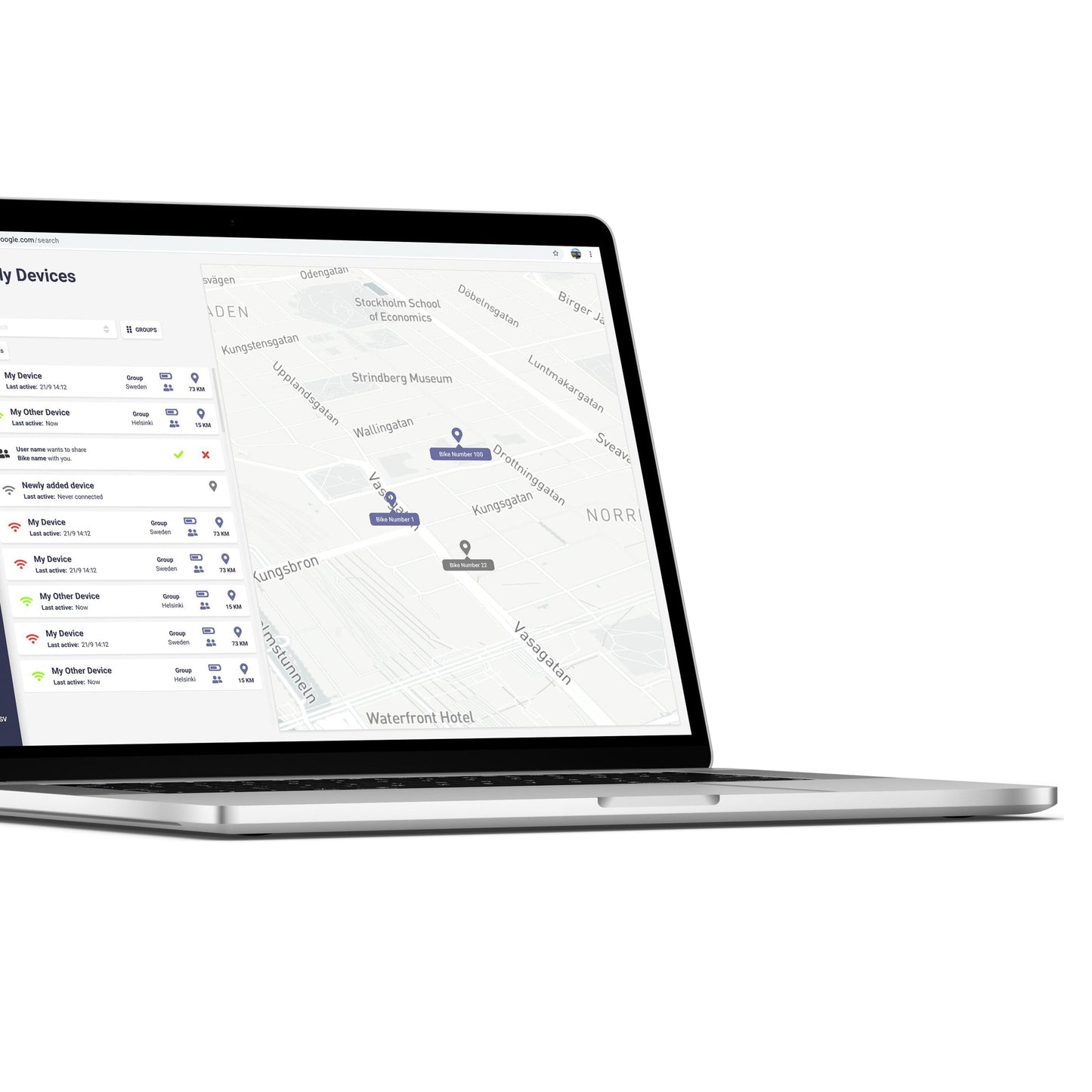 Swetrack Lite Gen2 GPS-tracker vist på laptop med statusikoner og kort over trackerpositioner i SweTrack Live-appen.