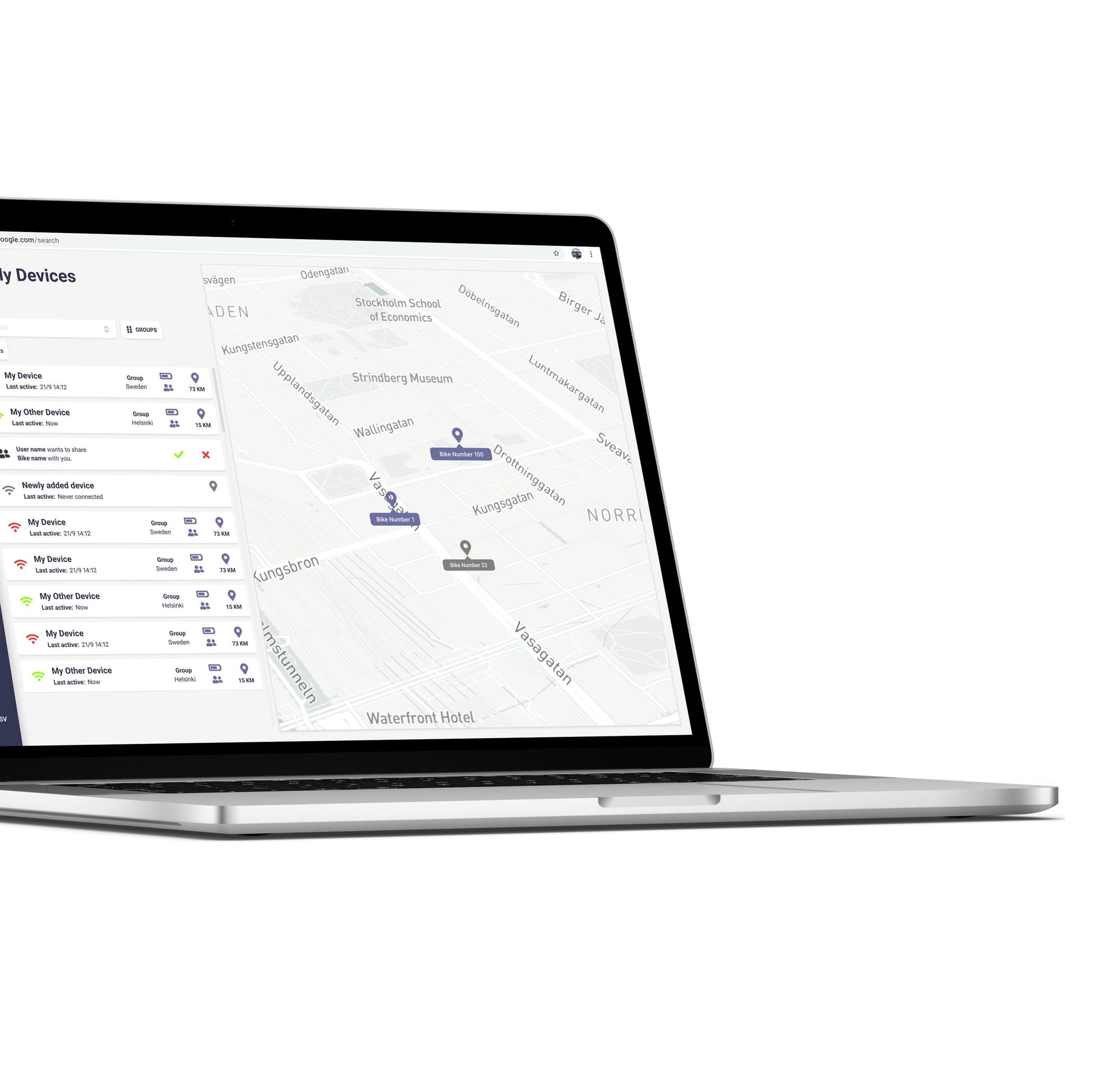 Swetrack Lite Gen2 GPS-tracker vist på laptop med statusikoner og kort over trackerpositioner i SweTrack Live-appen.
