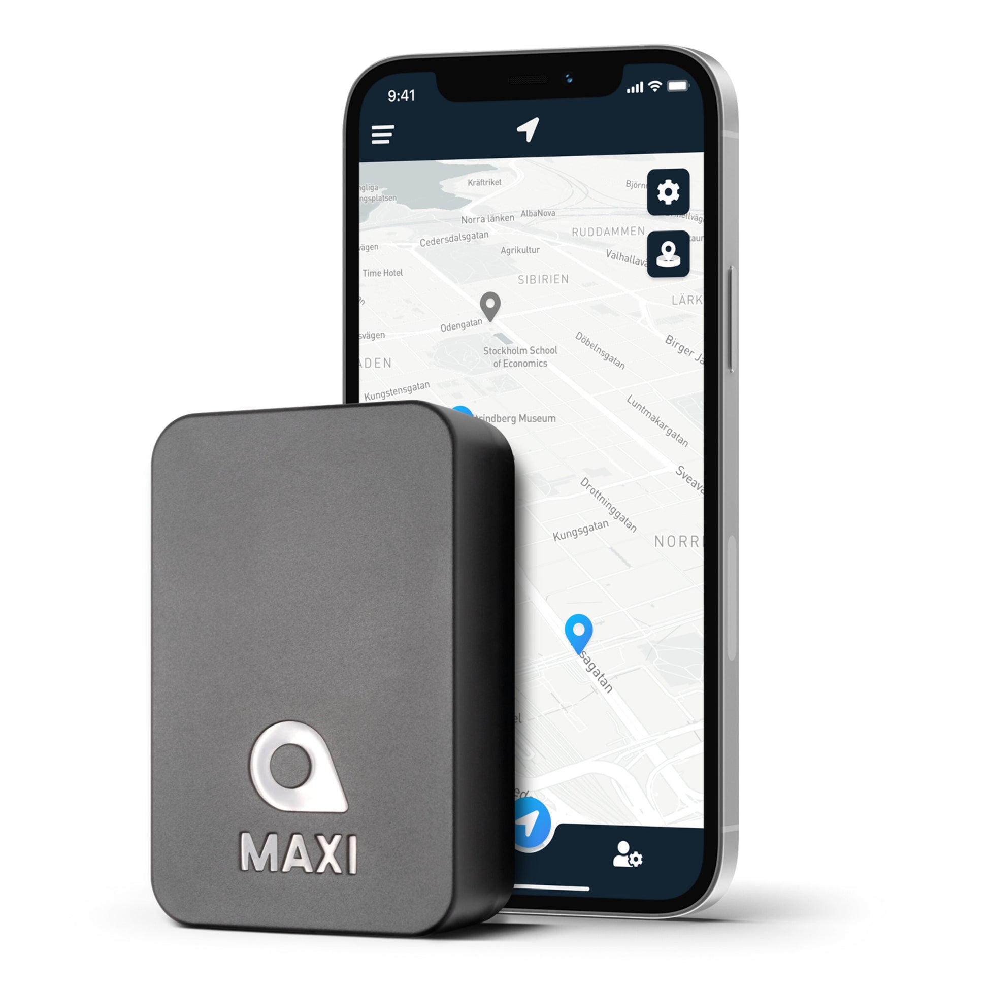 Maxi Tracker placeret foran smartphone med kort og lokationsmarkører, realtidssporing vises på skærmen.
