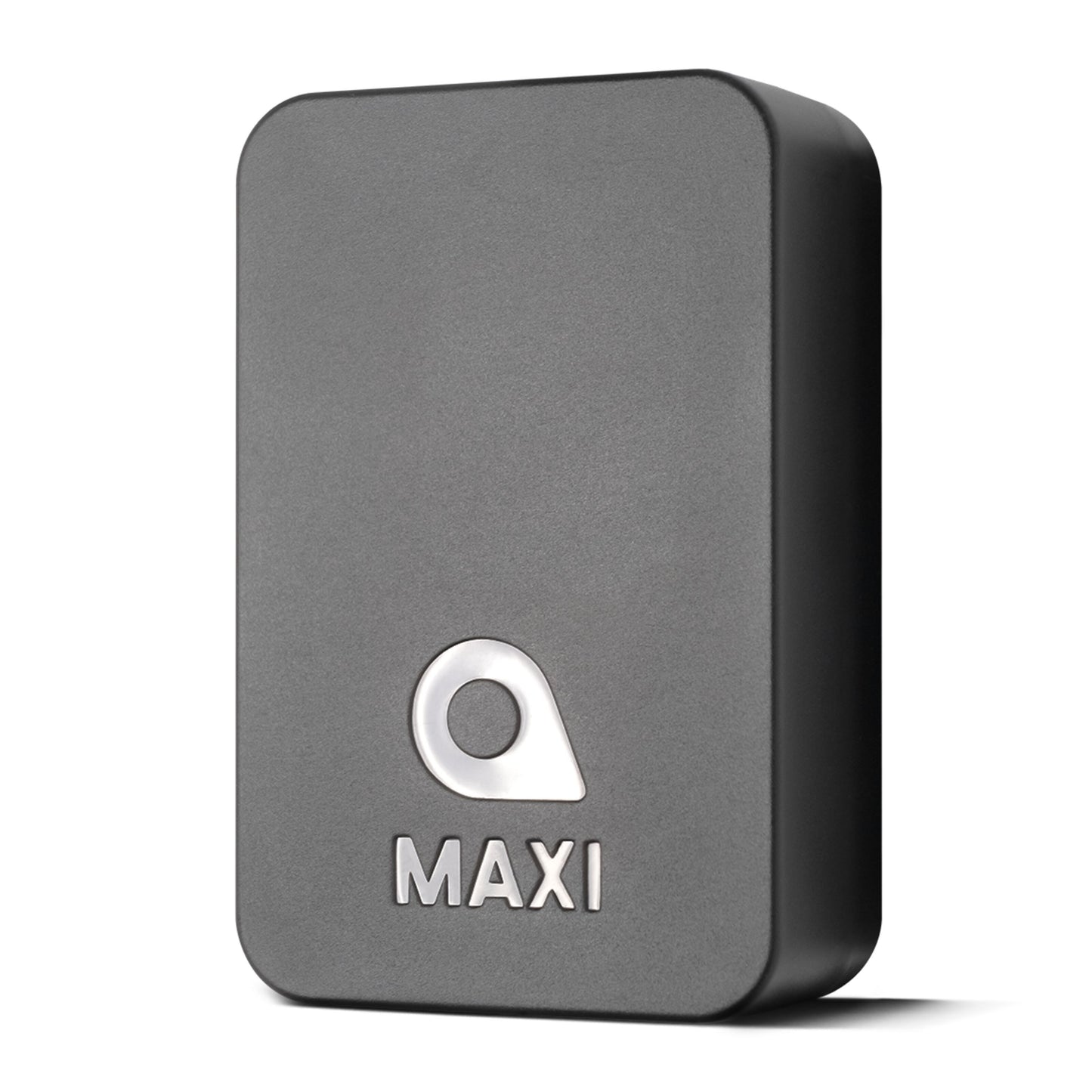 Swetrack Maxi Tracker GPS, rektangulær mørkegrå med afrundede hjørner, sølv lokationssikon over "MAXI" front.
