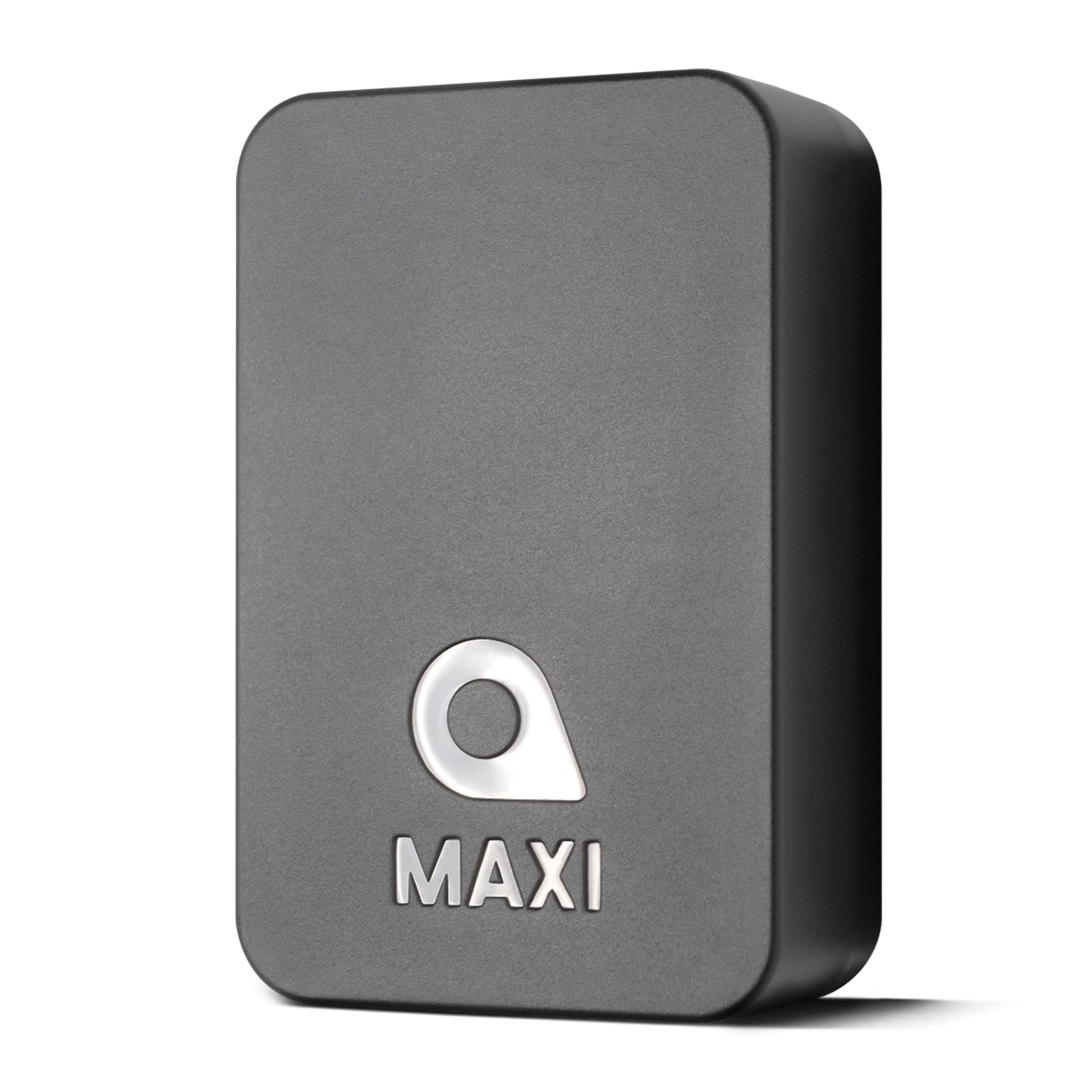 Swetrack Maxi Tracker GPS, rektangulær mørkegrå med afrundede hjørner, sølv lokationssikon over "MAXI" front.