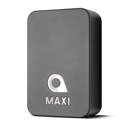 Swetrack Maxi Tracker GPS, rektangulær mørkegrå med afrundede hjørner, sølv lokationssikon over "MAXI" front.