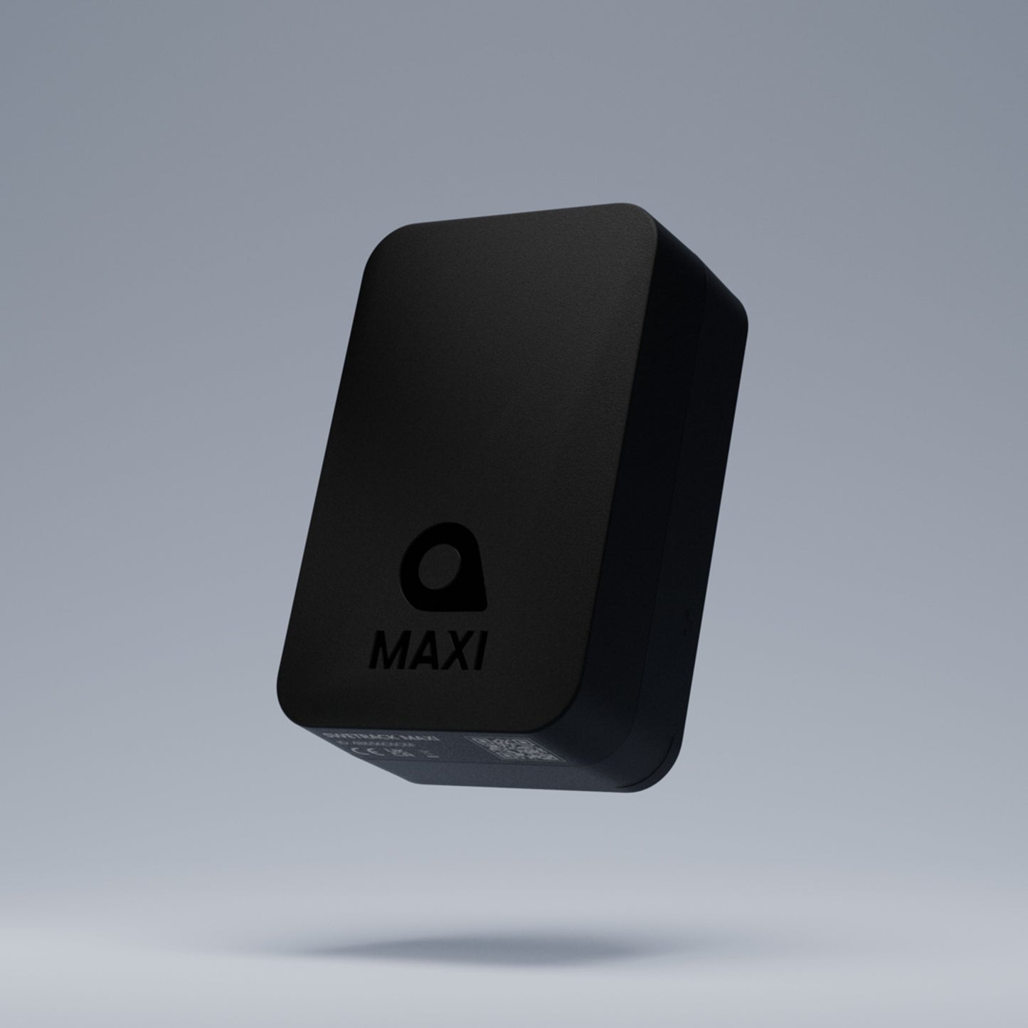 MAXI GPS-tracker, sort rektangulær enhed med MAXI og logo på toppen, lang batteritid, vandtæt og flydende.