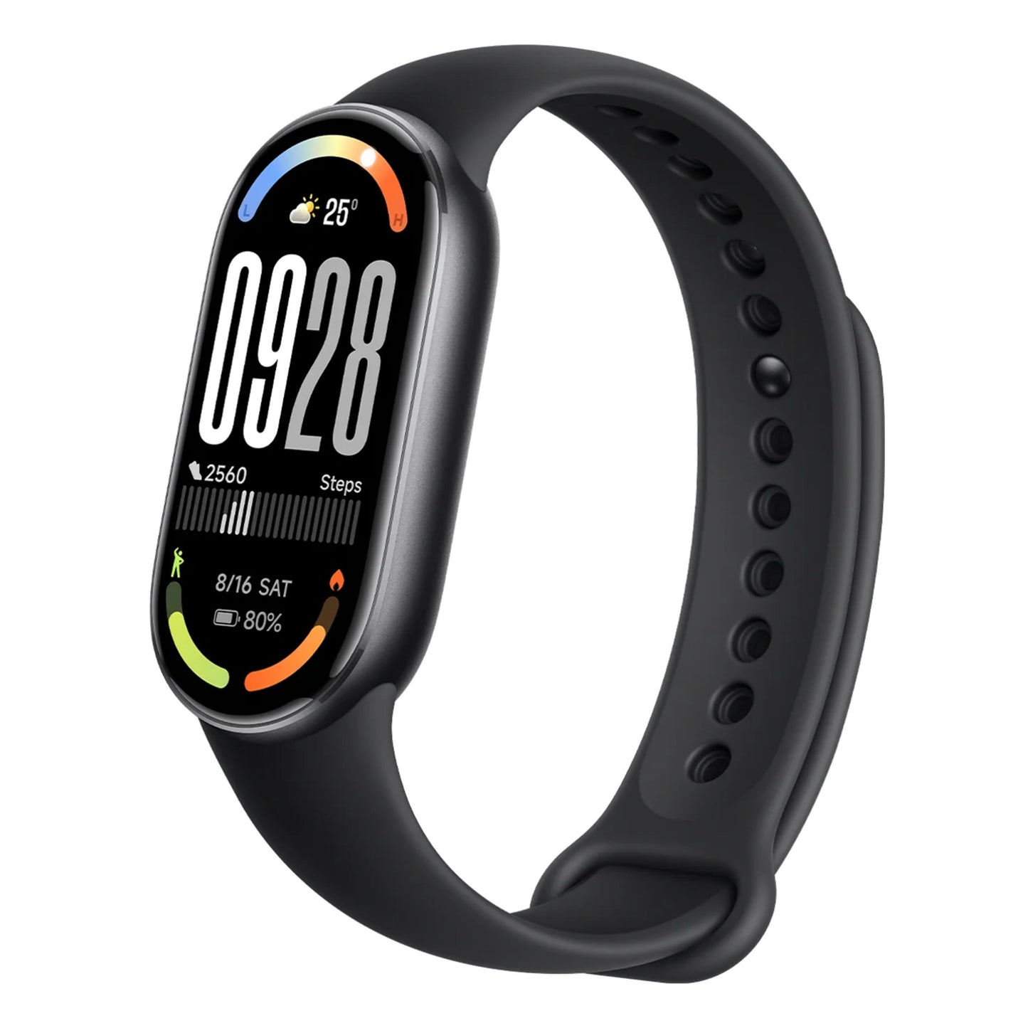 Xiaomi Smart Band 10 aktivitetsarmbånd sort med farvedisplay, viser tid, vejr, skridt, dato og batteri, perforeret silikonerem.