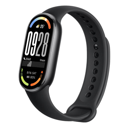 Xiaomi Smart Band 10 aktivitetsarmbånd sort med farvedisplay, viser tid, vejr, skridt, dato og batteri, perforeret silikonerem.