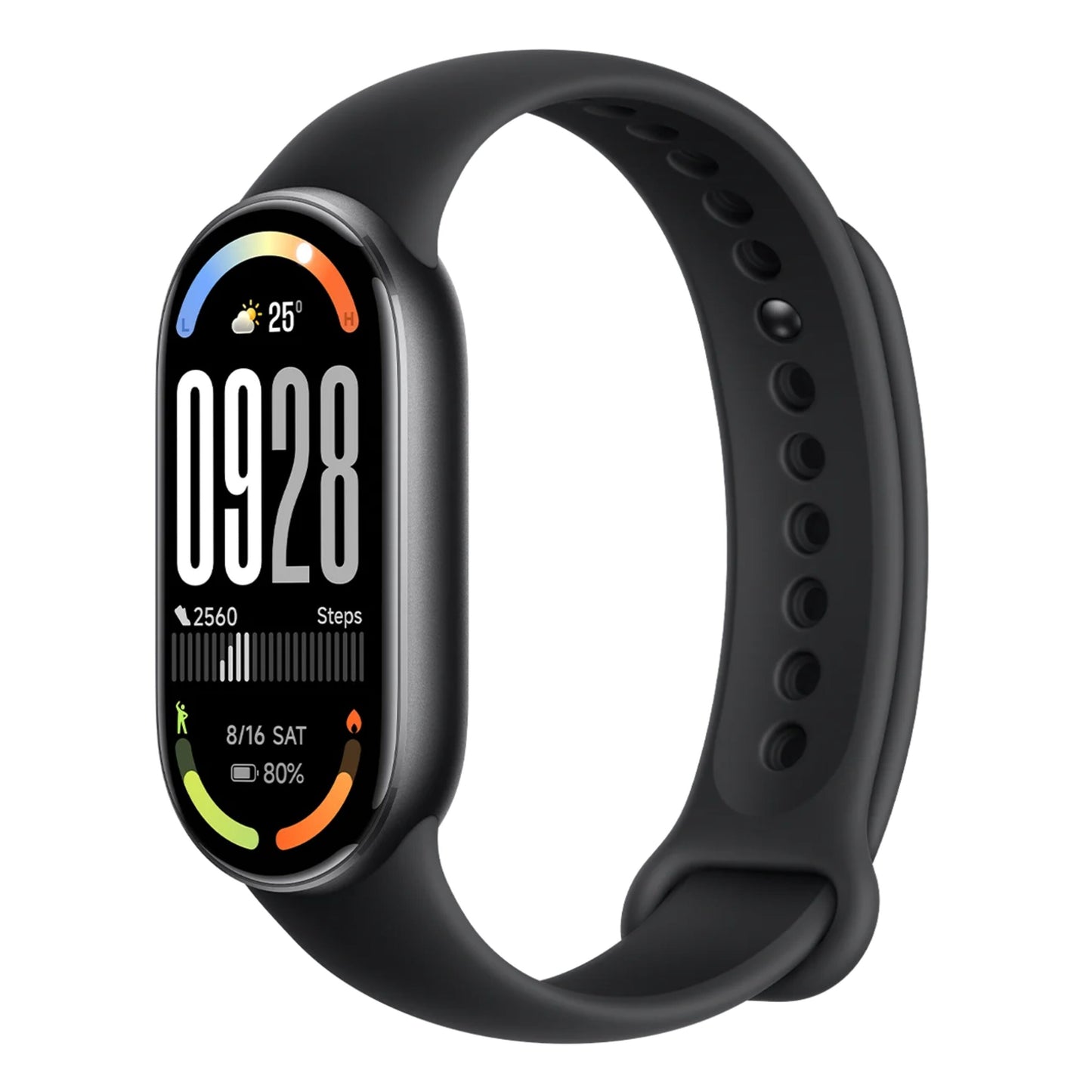 Xiaomi Smart Band 10 sort aktivitetsarmbånd med farvedisplay, tid, dato, skridt, vejr, batteri og aktivitetsikoner.