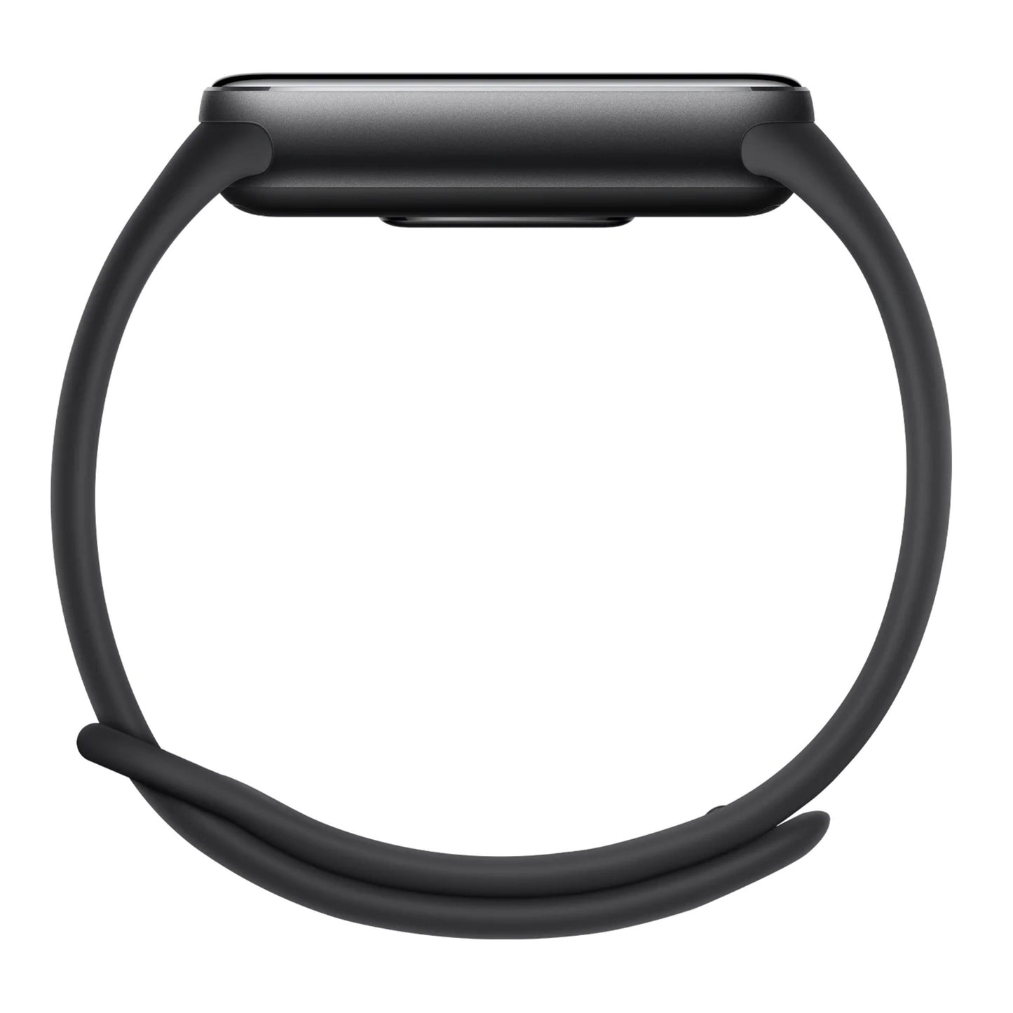 Xiaomi Smart Band 10, sort silikonerem, rektangulær skærm, sideview med display opad.